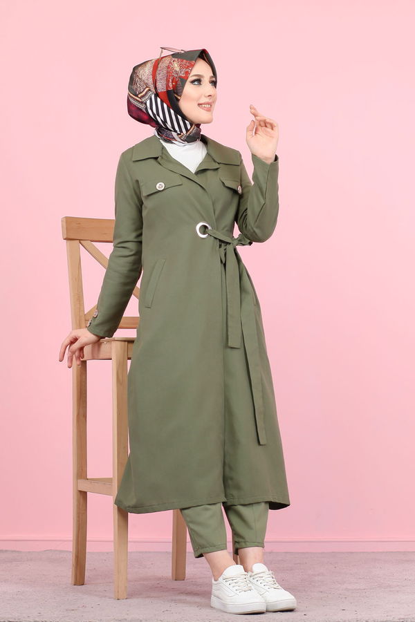 3044 KUŞ GÖZLÜ UZUN GÖMLEK Haki - 3044