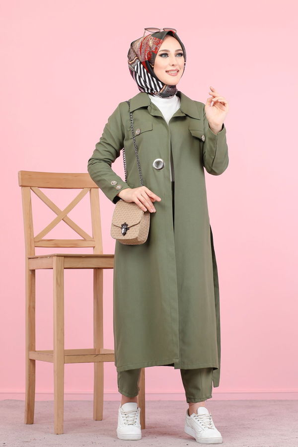 3044 KUŞ GÖZLÜ UZUN GÖMLEK Haki - 3044