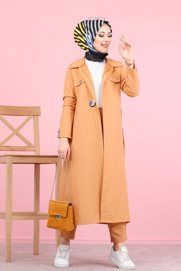 3044 KUŞ GÖZLÜ UZUN GÖMLEK Sarı - 3044 Sarı