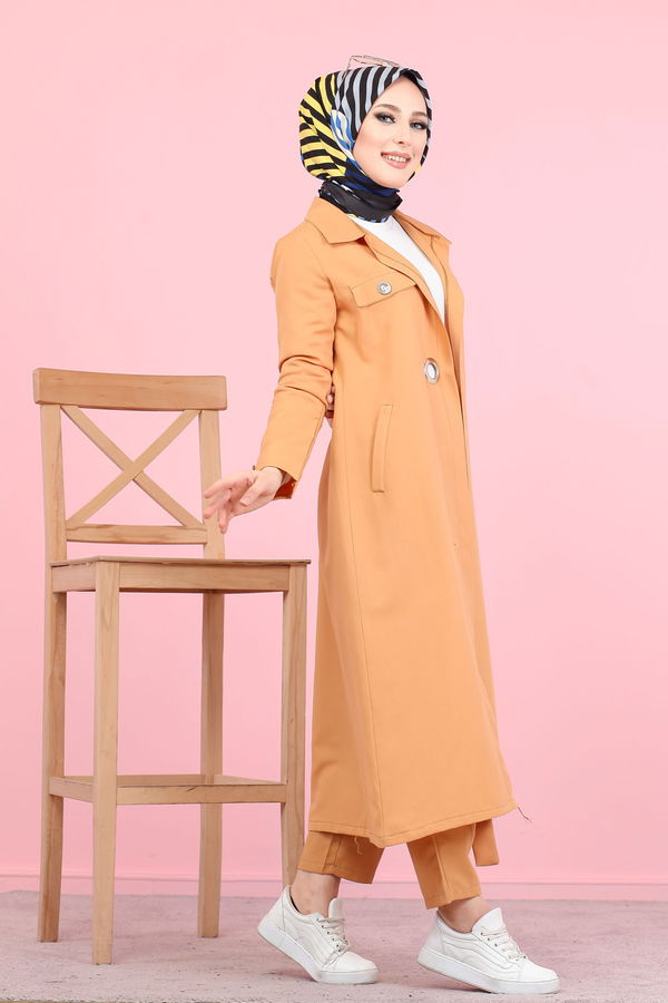 3044 KUŞ GÖZLÜ UZUN GÖMLEK Sarı - 3044 Sarı