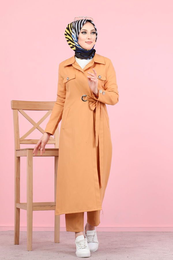 3044 KUŞ GÖZLÜ UZUN GÖMLEK Sarı - 3044 Sarı