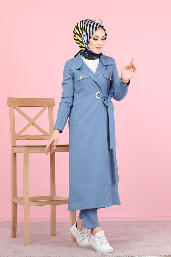 3044 KUŞ GÖZLÜ UZUN GÖMLEK Mavi - 3044 MAVİ