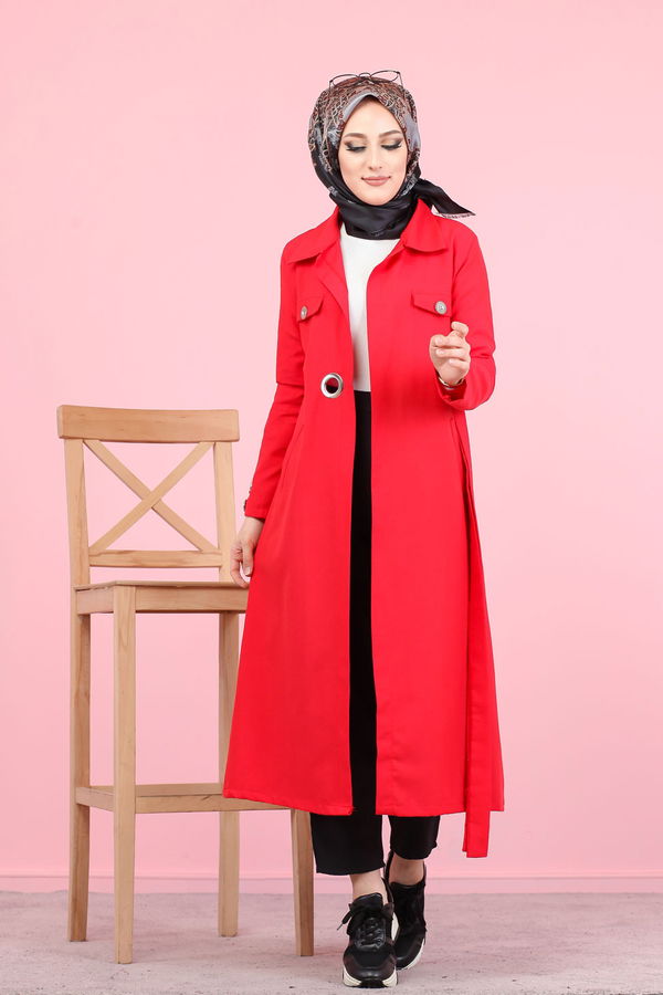 3044 KUŞ GÖZLÜ UZUN GÖMLEK Kırmızı - 3044 Kırmızı