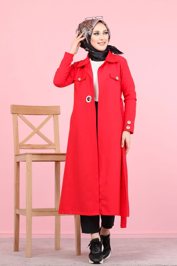 3044 KUŞ GÖZLÜ UZUN GÖMLEK Kırmızı - 3044 Kırmızı