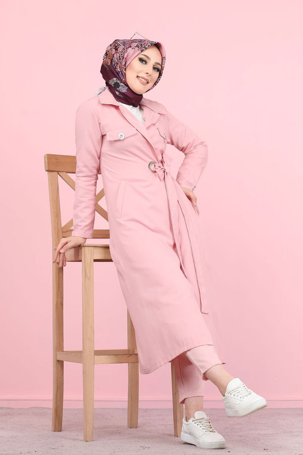 3044 KUŞ GÖZLÜ UZUN GÖMLEK Pembe - 3044 PEMBE