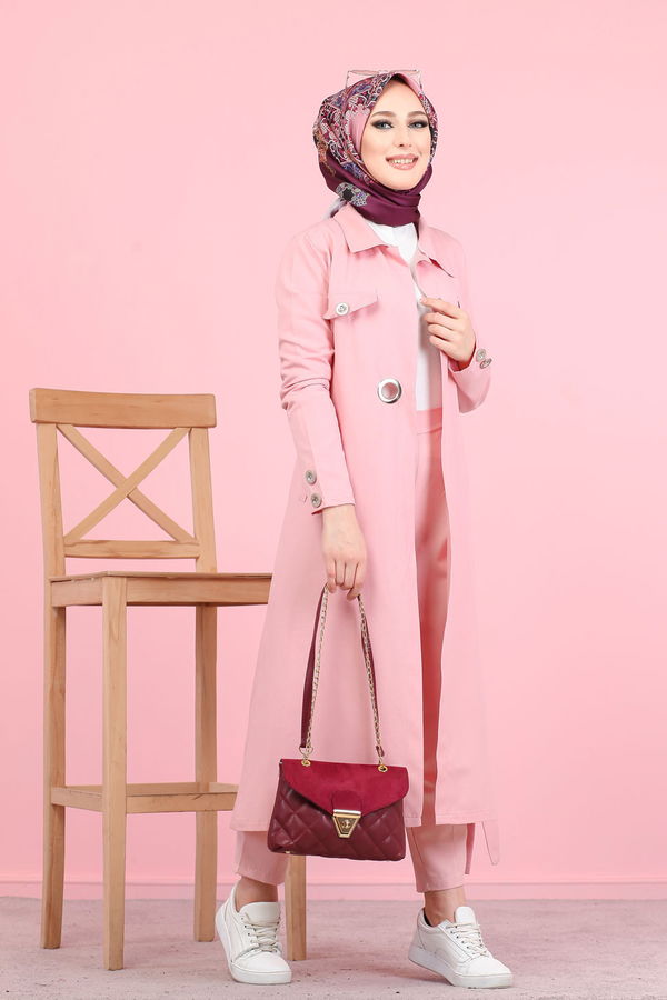 3044 KUŞ GÖZLÜ UZUN GÖMLEK Pembe - 3044 PEMBE
