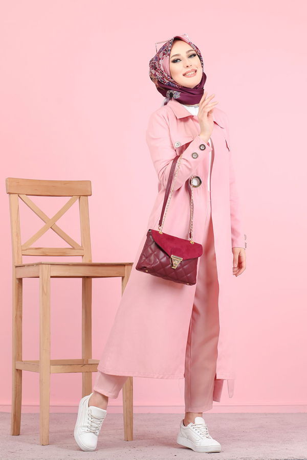3044 KUŞ GÖZLÜ UZUN GÖMLEK Pembe - 3044 PEMBE