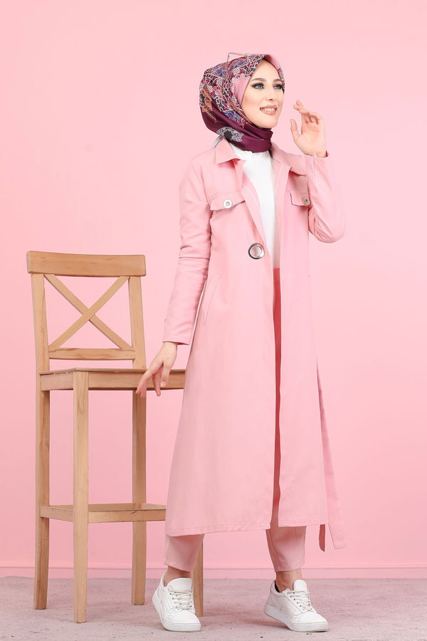 3044 KUŞ GÖZLÜ UZUN GÖMLEK Pembe - 3044 PEMBE