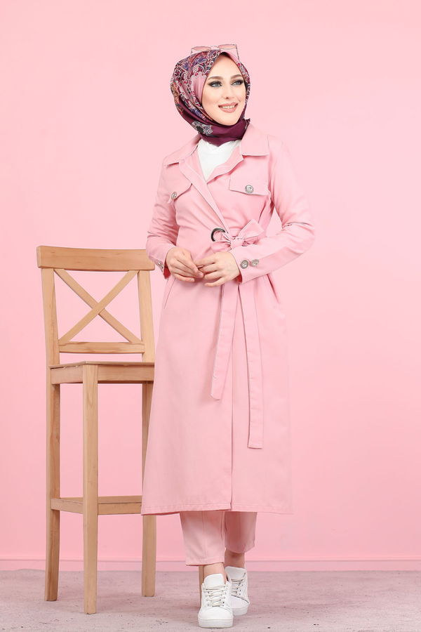 3044 KUŞ GÖZLÜ UZUN GÖMLEK Pembe - 3044 PEMBE