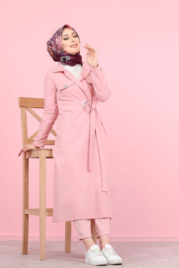 3044 KUŞ GÖZLÜ UZUN GÖMLEK Pembe - 3044 PEMBE