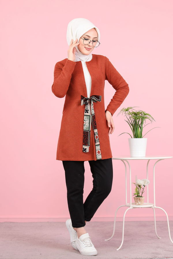 1358 ÇİÇEK KUŞAKLI KAŞE CEKET Kiremit - 1358
