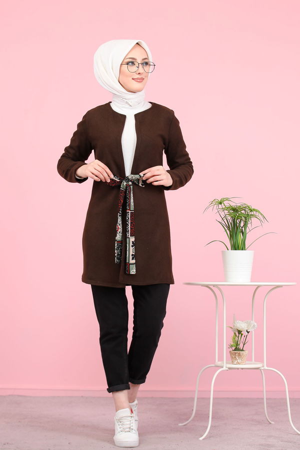 1358 ÇİÇEK KUŞAKLI KAŞE CEKET Kahverengi - 1358 KAHVERENGİ