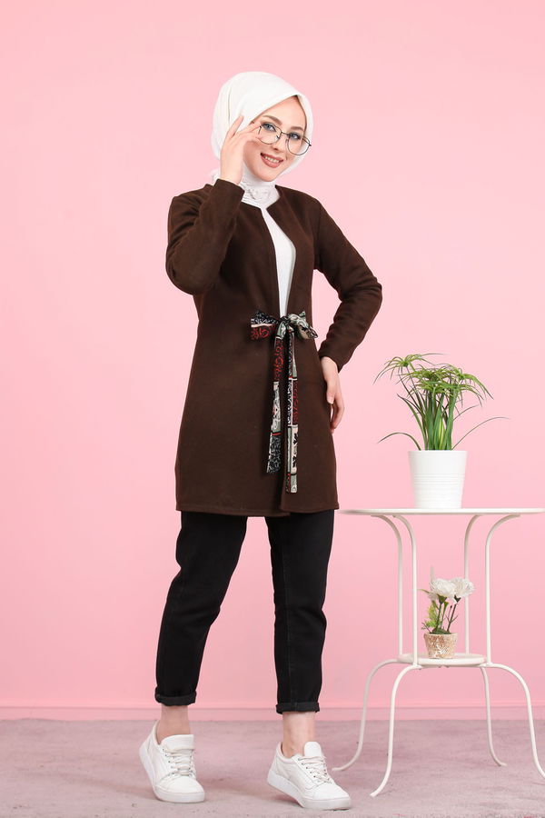 1358 ÇİÇEK KUŞAKLI KAŞE CEKET Kahverengi - 1358 KAHVERENGİ