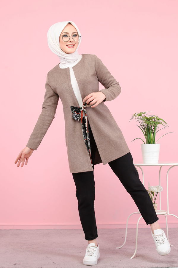 1358 ÇİÇEK KUŞAKLI KAŞE CEKET Vizon - 1358