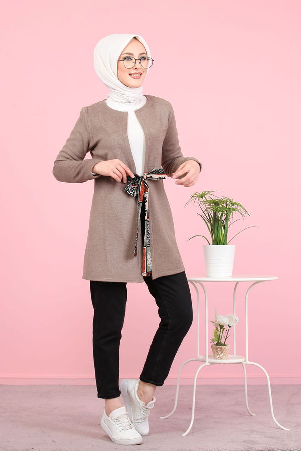 1358 ÇİÇEK KUŞAKLI KAŞE CEKET Vizon - 1358