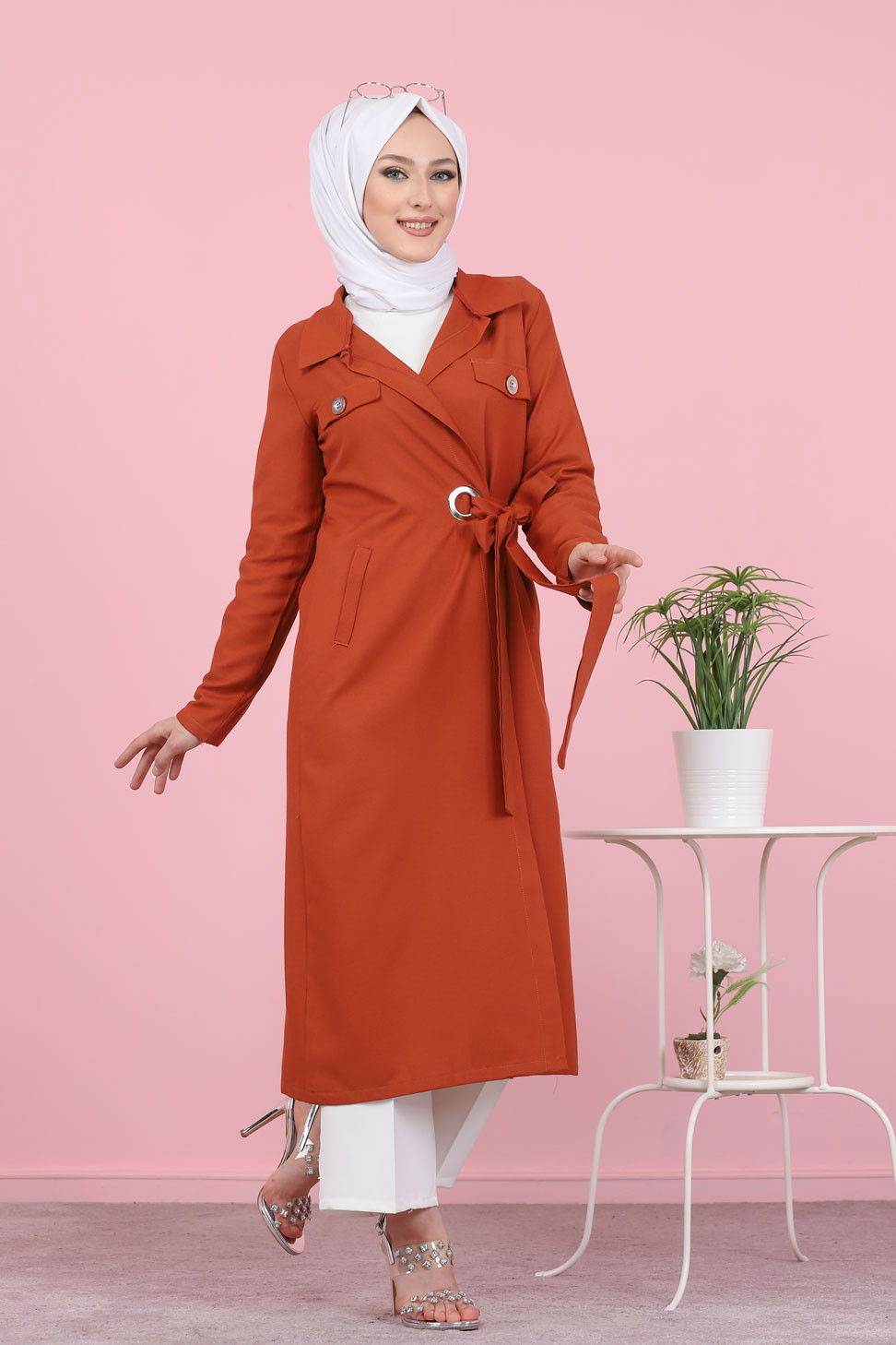 3044 KUŞ GÖZLÜ UZUN GÖMLEK Kiremit - 3044