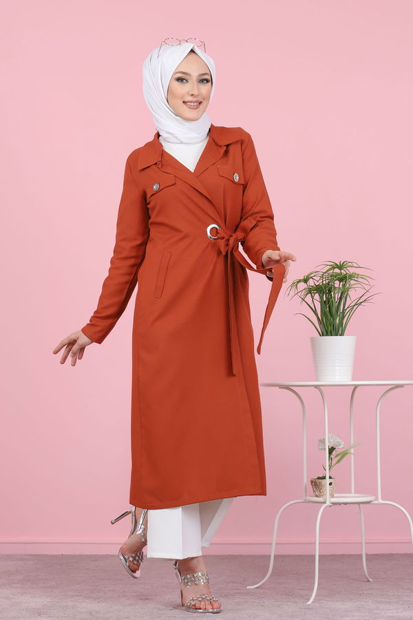 3044 KUŞ GÖZLÜ UZUN GÖMLEK Kiremit - 3044