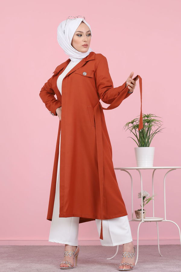 3044 KUŞ GÖZLÜ UZUN GÖMLEK Kiremit - 3044