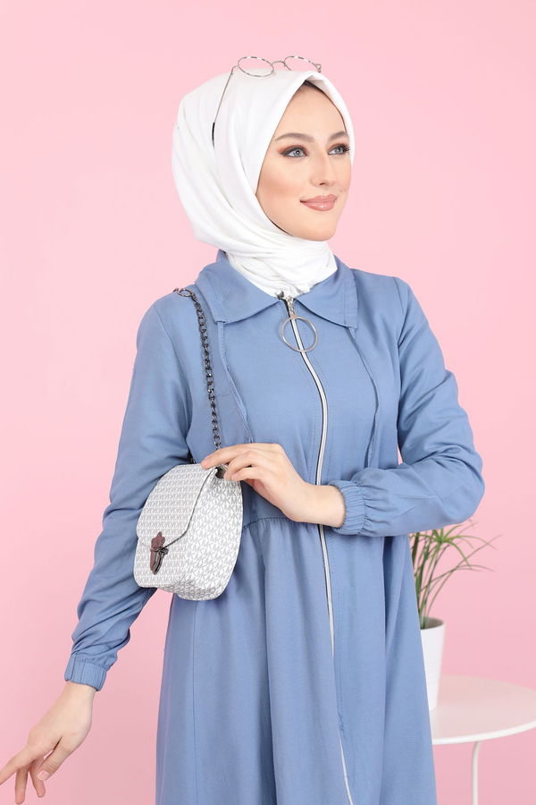 3067 FERMUARLI ELBİSE Mavi - 3067
