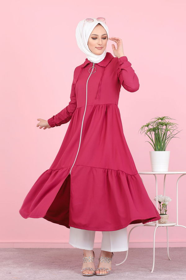3067 FERMUARLI ELBİSE Fuşya - 3067 FUŞYA