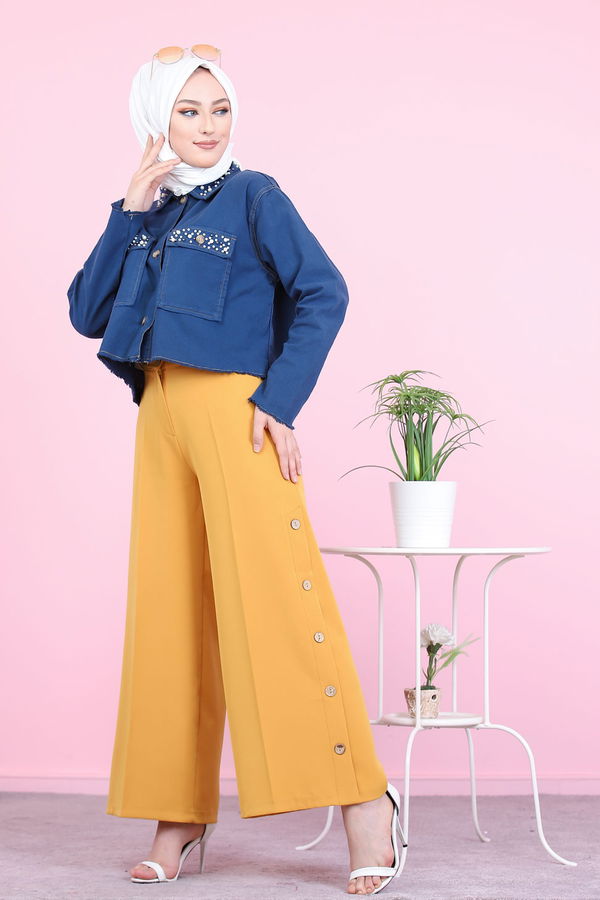 8502 DUGME DETAY PANTOLON Sarı - 8502 Sarı