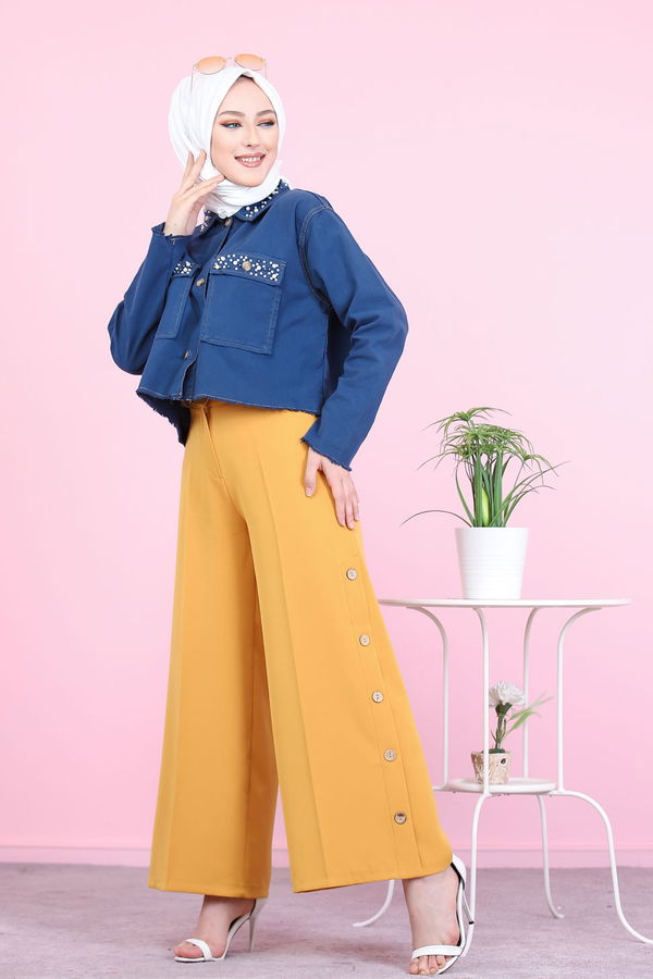 8502 DUGME DETAY PANTOLON Sarı - 8502 Sarı