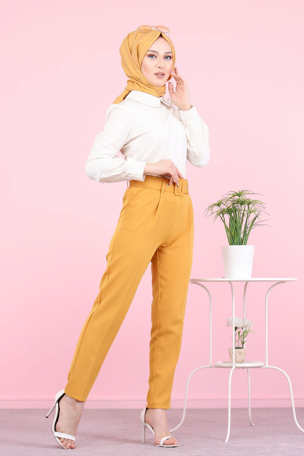 8503 KEMERLI PANTOLON Sarı - 8503