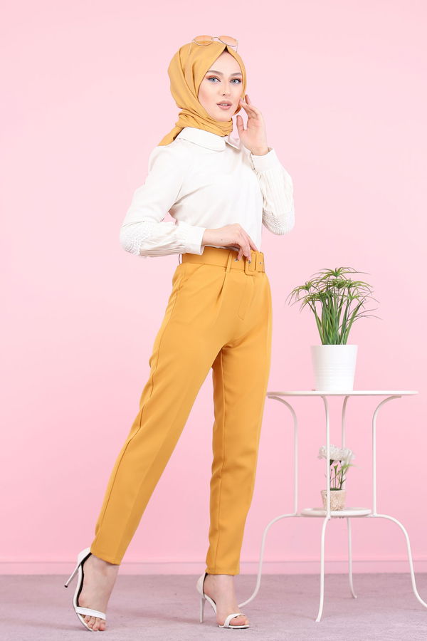 8503 KEMERLI PANTOLON Sarı - 8503