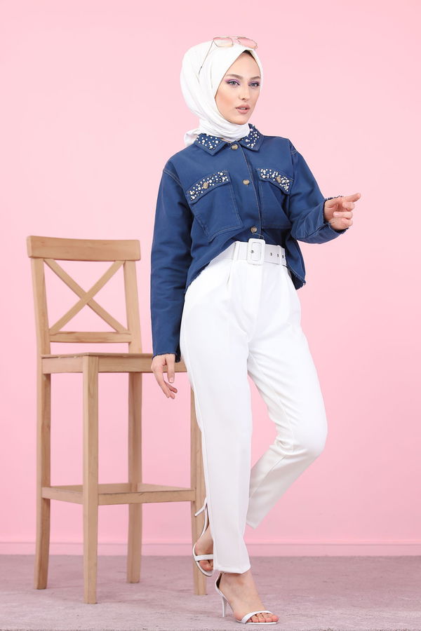 8503 KEMERLI PANTOLON Beyaz - 8503