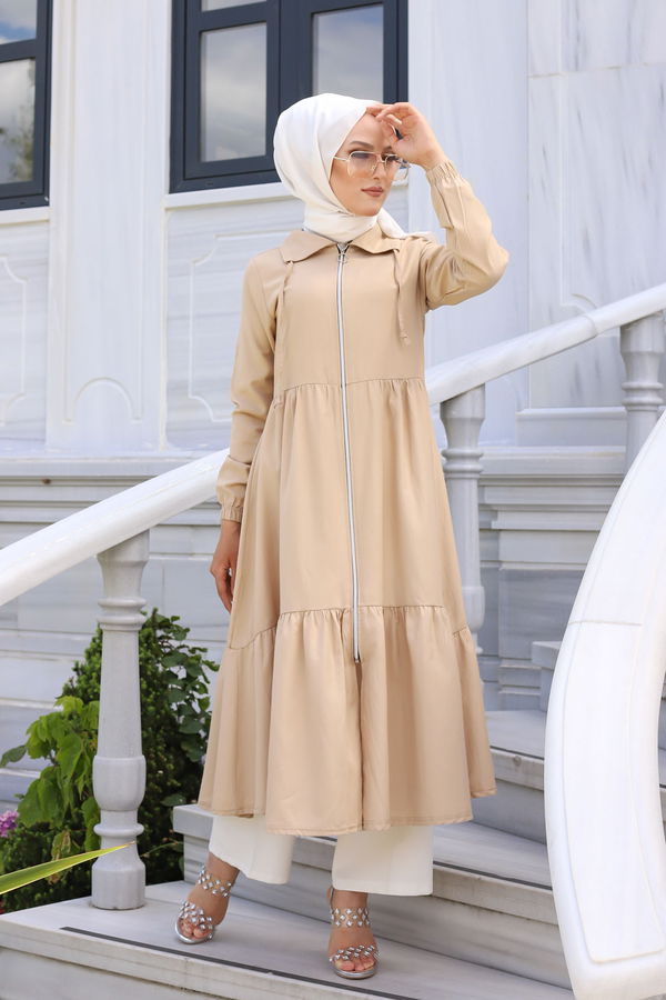 3067 FERMUARLI ELBİSE Bej - 3067