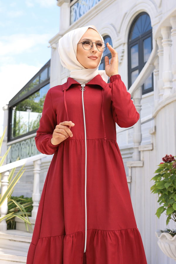 3067 FERMUARLI ELBİSE Bordo - 3067 BORDO