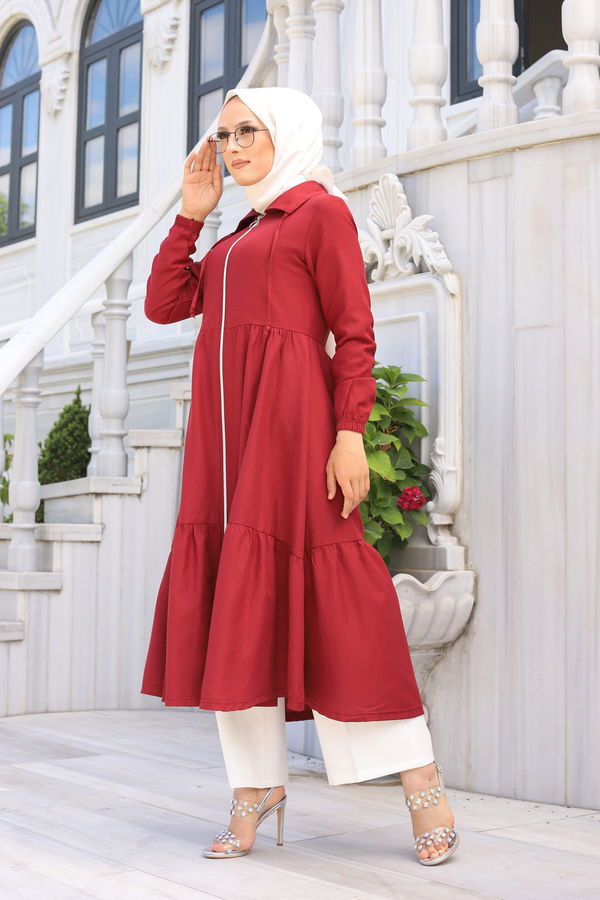3067 FERMUARLI ELBİSE Bordo - 3067 BORDO