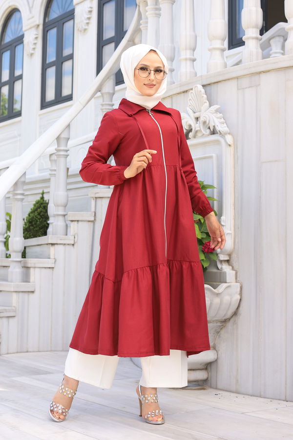 3067 FERMUARLI ELBİSE Bordo - 3067 BORDO