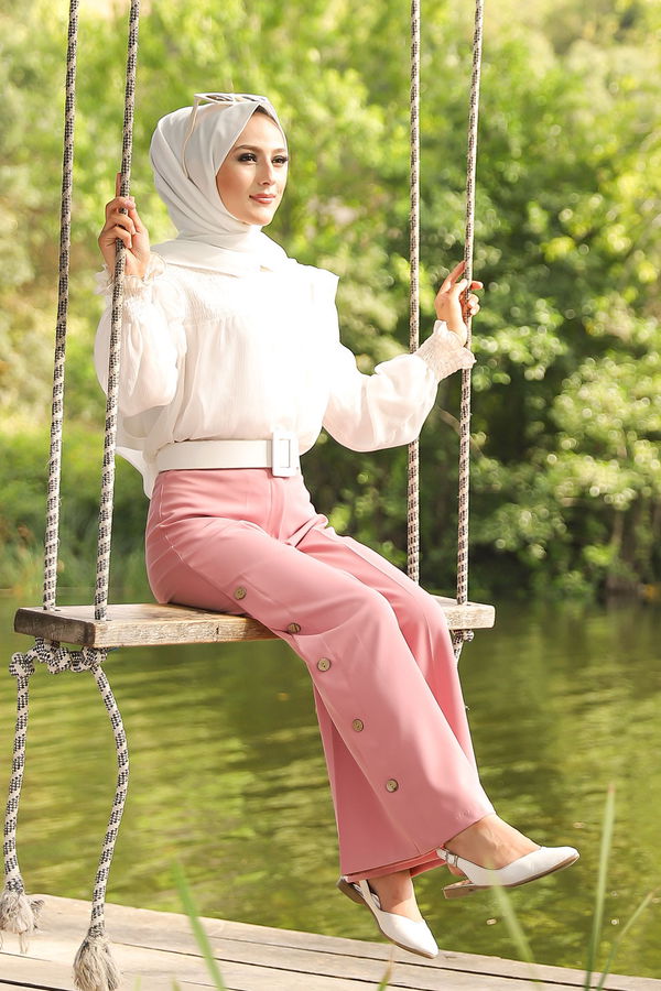 8502 DUGME DETAY PANTOLON Pembe - 8502