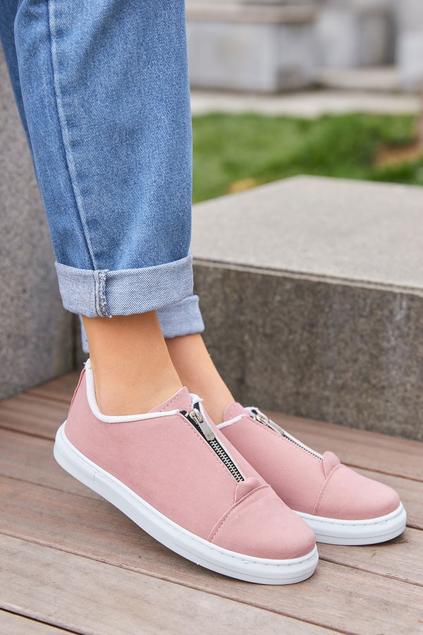 Kadın Pembe Fermuarlı Suet Ayakkabı  - 8716 PEMBE