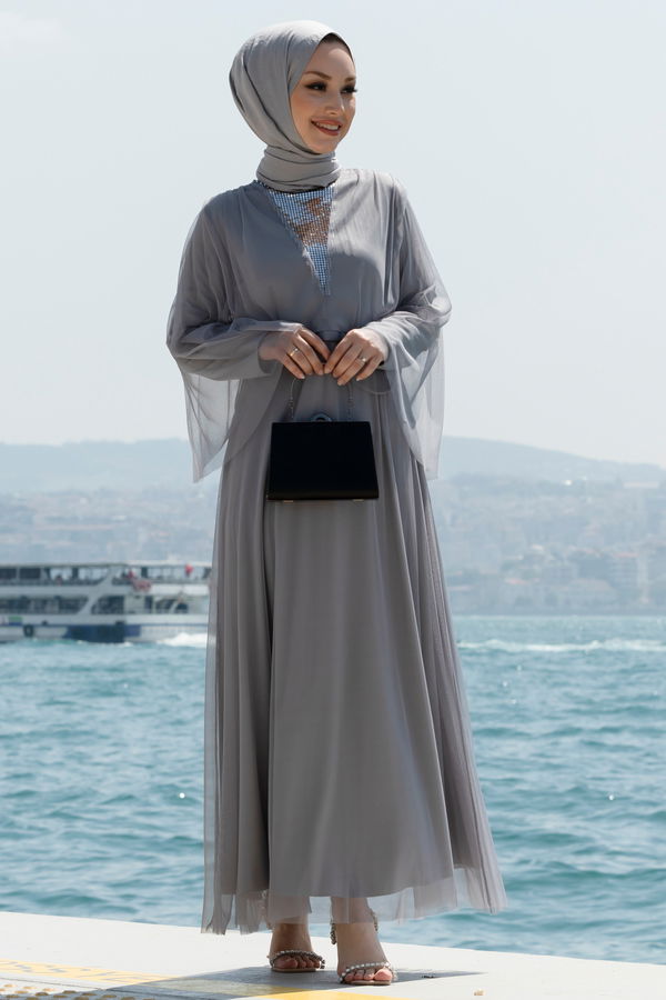 Abiye Elbise Gri - 10314