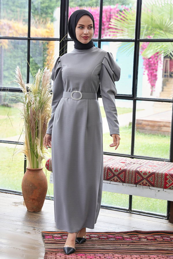 Kemerli Elbise Gri - 21570 GRİ