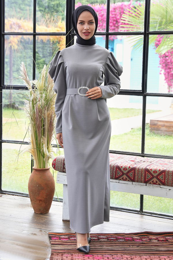 Kemerli Elbise Gri - 21570 GRİ