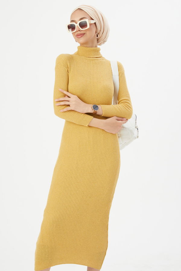 Triko Elbise Sarı - 21784