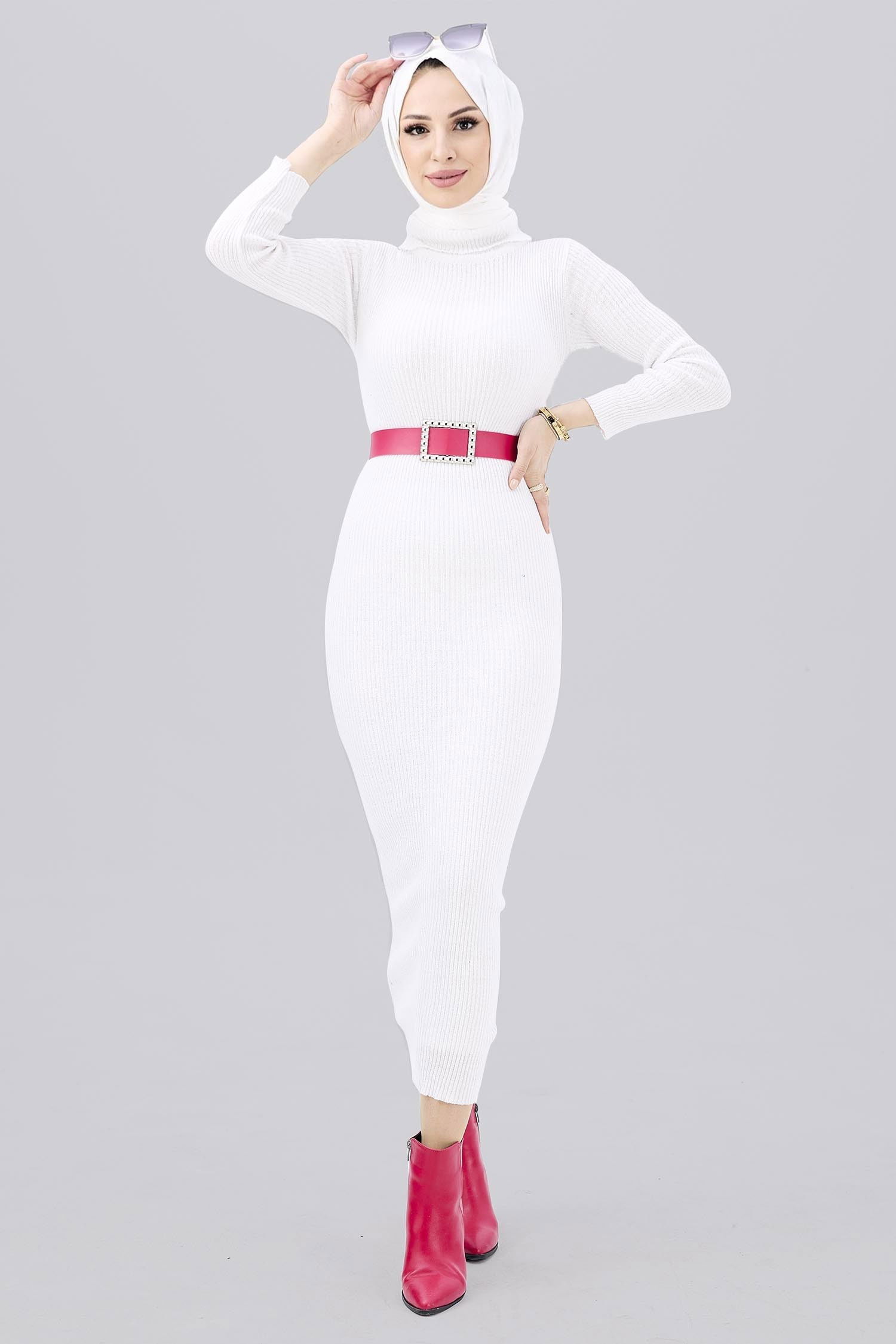 Triko Elbise Beyaz - 21784
