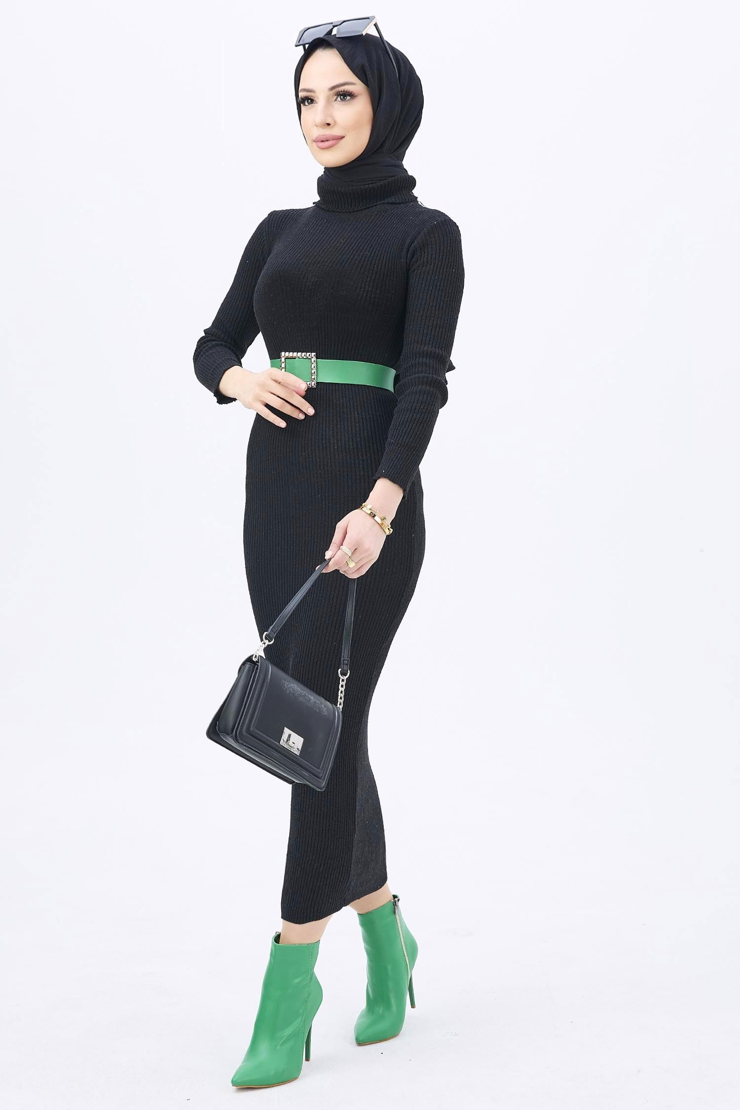 Triko Elbise Siyah - 21784