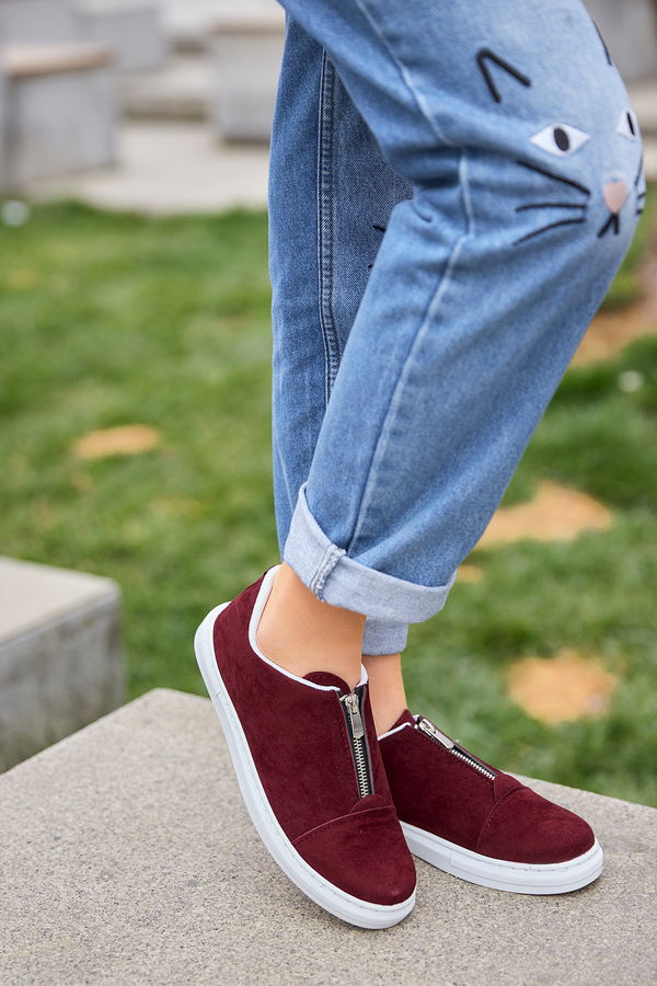 Kadın Bordo Fermuarlı Suet Ayakkabı  - 8716 BORDO