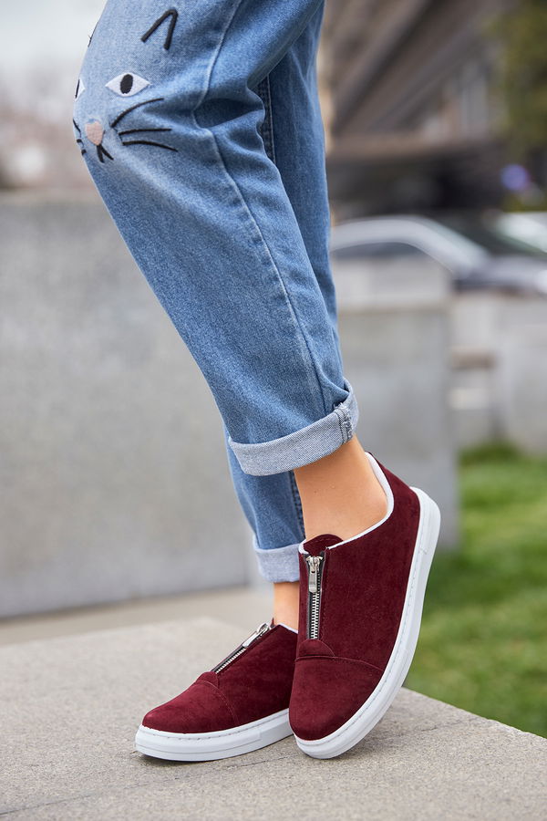 Kadın Bordo Fermuarlı Suet Ayakkabı  - 8716 BORDO