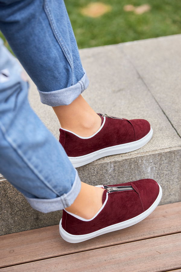 Kadın Bordo Fermuarlı Suet Ayakkabı  - 8716 BORDO