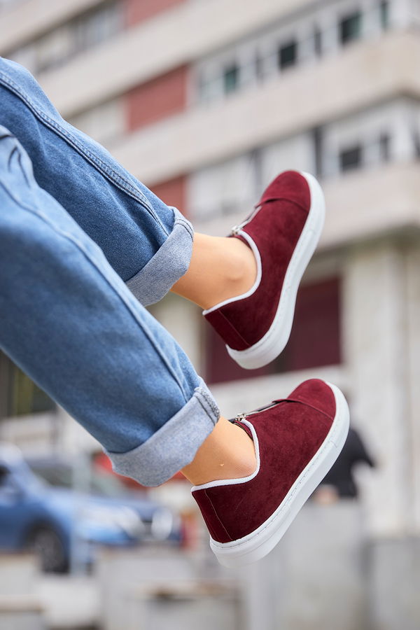 Kadın Bordo Fermuarlı Suet Ayakkabı  - 8716 BORDO