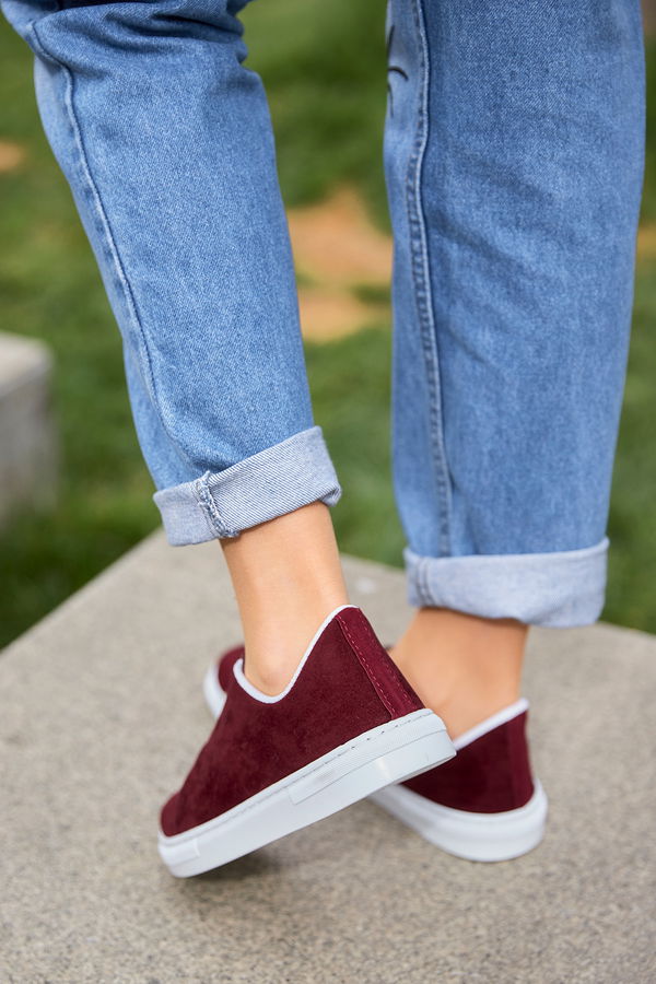 Kadın Bordo Fermuarlı Suet Ayakkabı  - 8716 BORDO
