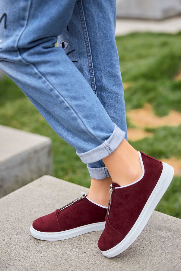 Kadın Bordo Fermuarlı Suet Ayakkabı  - 8716 BORDO