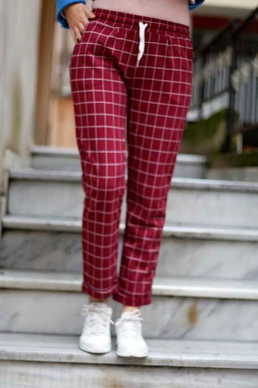 Kareli Pantolon Siyah Bordo - 6652