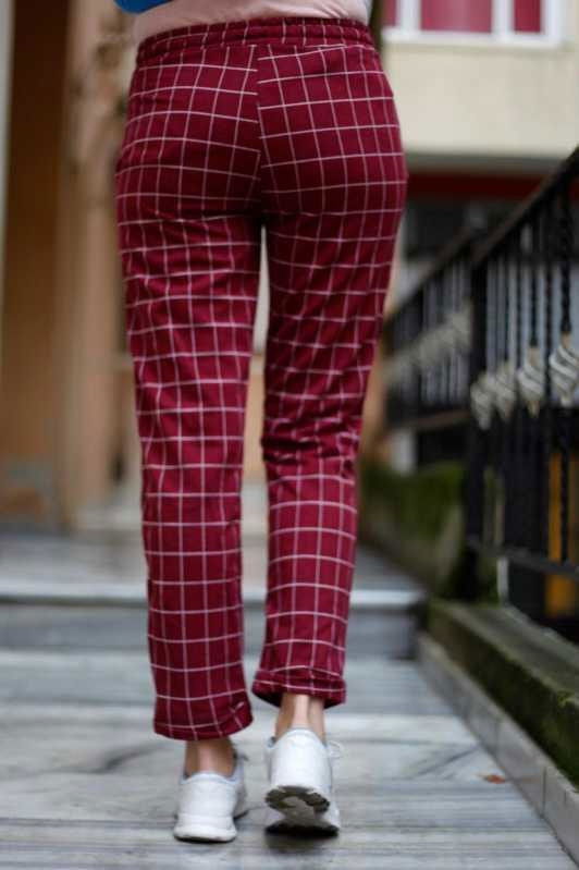 Kareli Pantolon Siyah Bordo - 6652