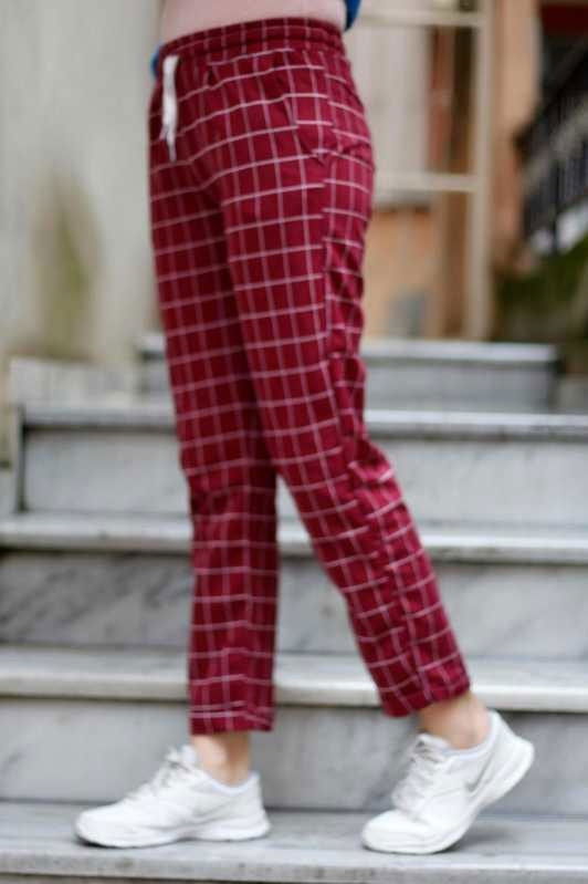 Kareli Pantolon Siyah Bordo - 6652